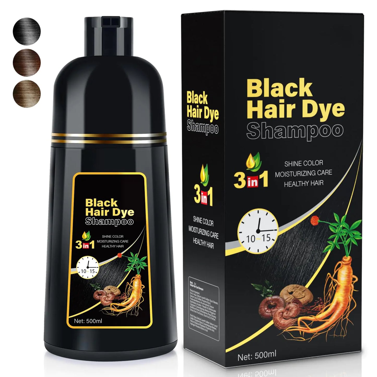 JIESSIA 3 IN 1 Hair Color Shampoo Dye For Women & Men Natural Herbal Plant Semi Permanent Grey Hair Cover Treated 16.9 Fl Oz Black