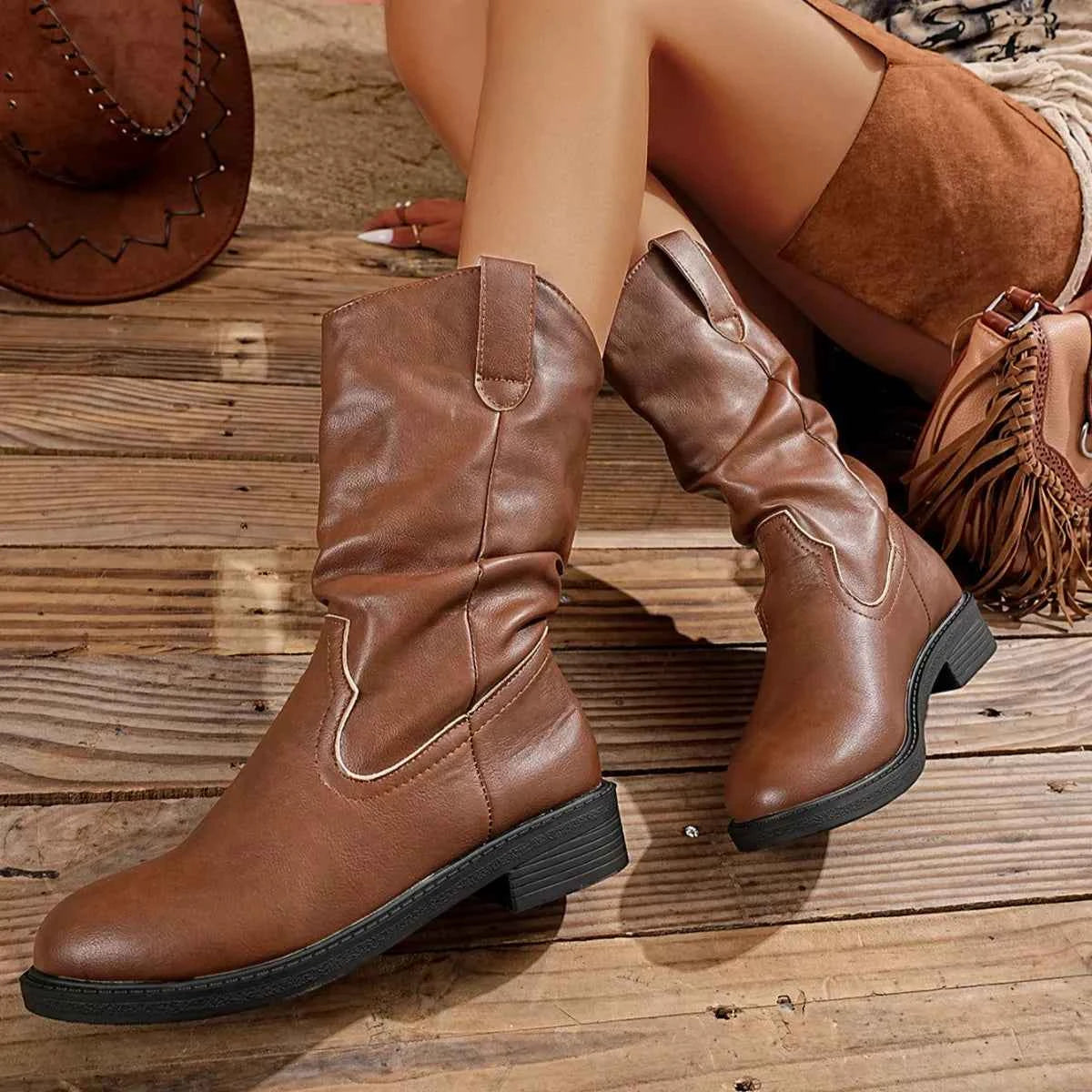 Block Heel Mid-Calf Western Boots