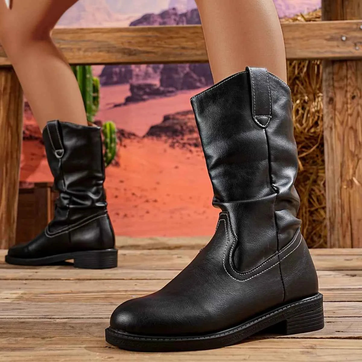 Block Heel Mid-Calf Western Boots