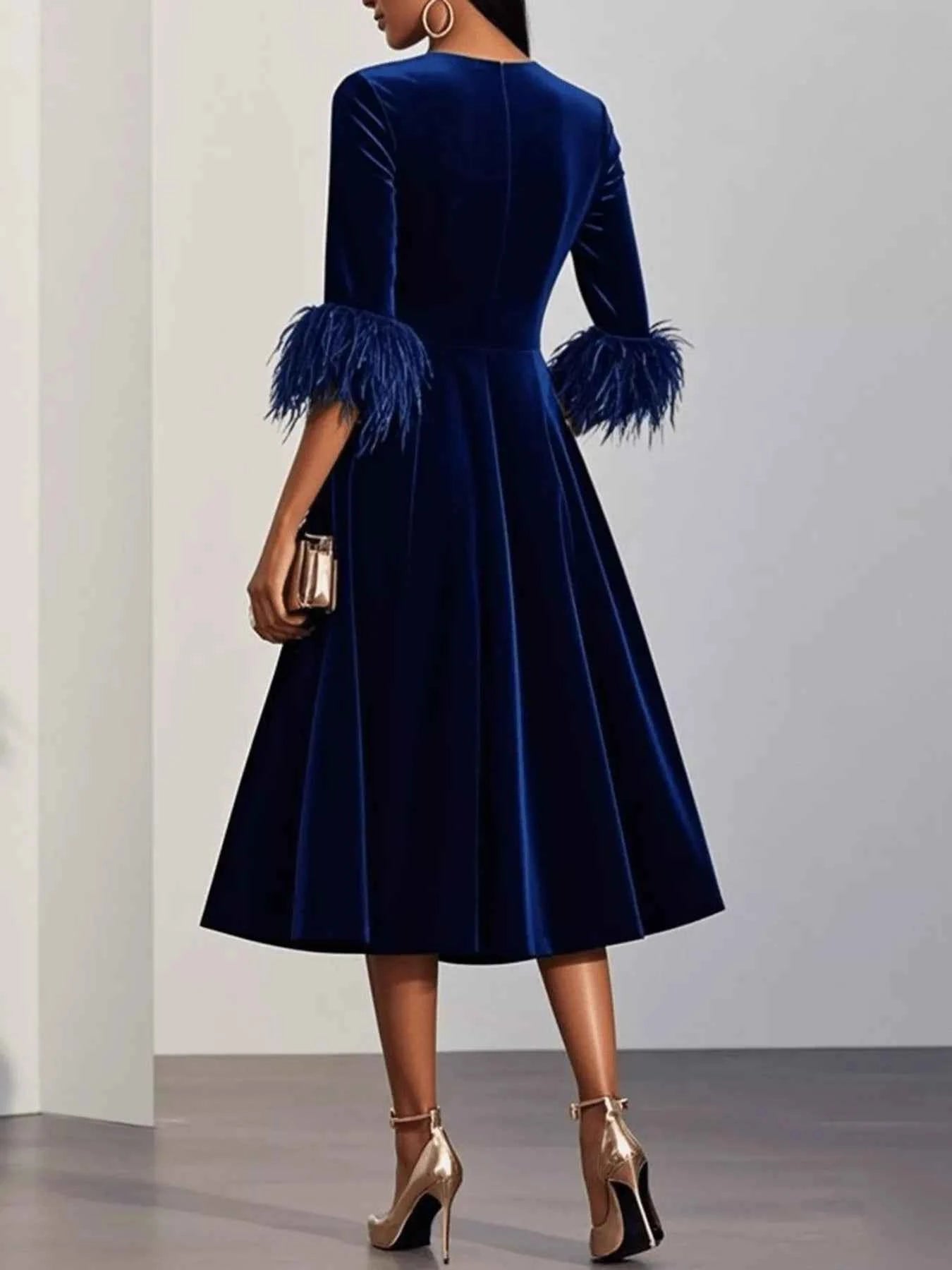 Velvet Midi Dress with Feather Cuffs