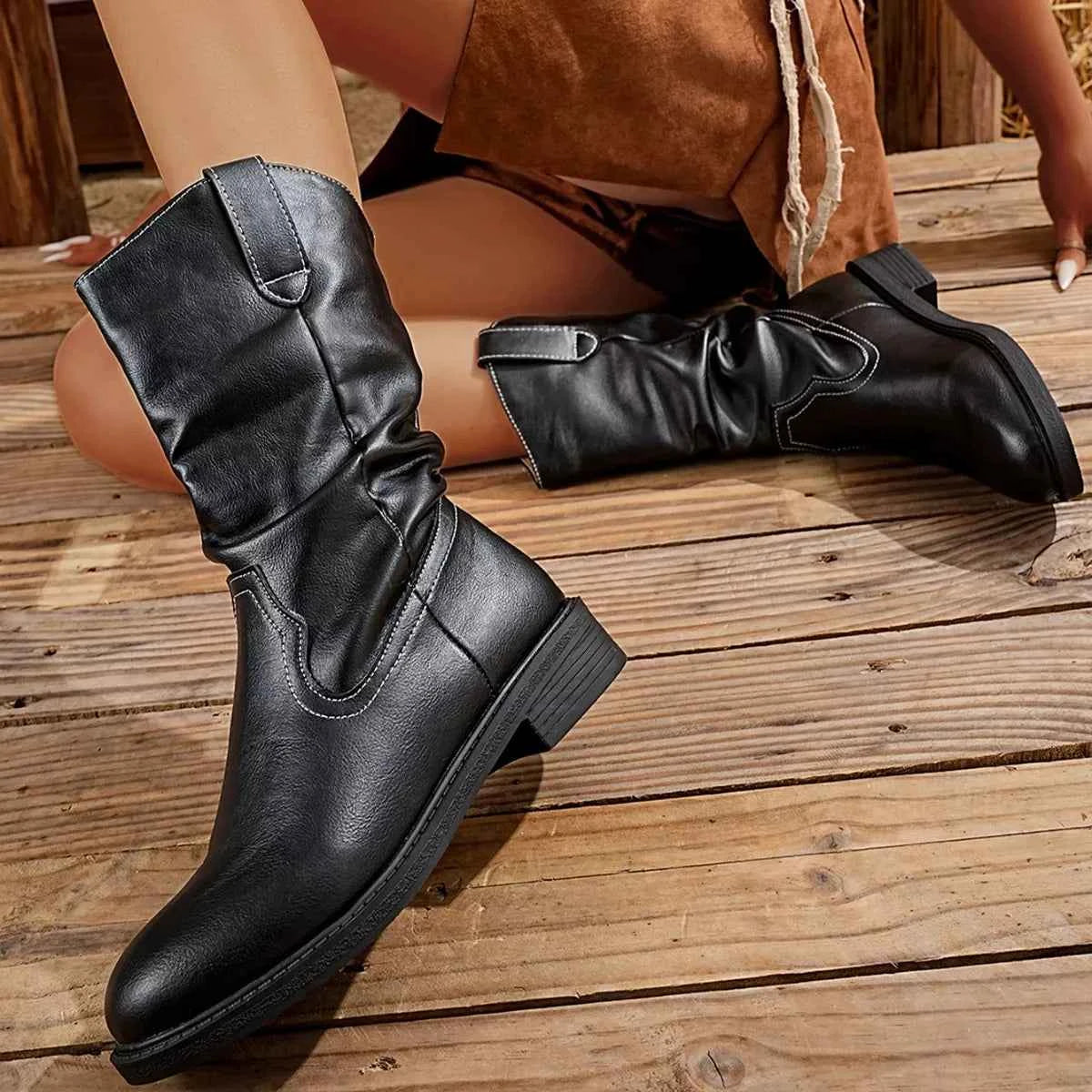 Block Heel Mid-Calf Western Boots