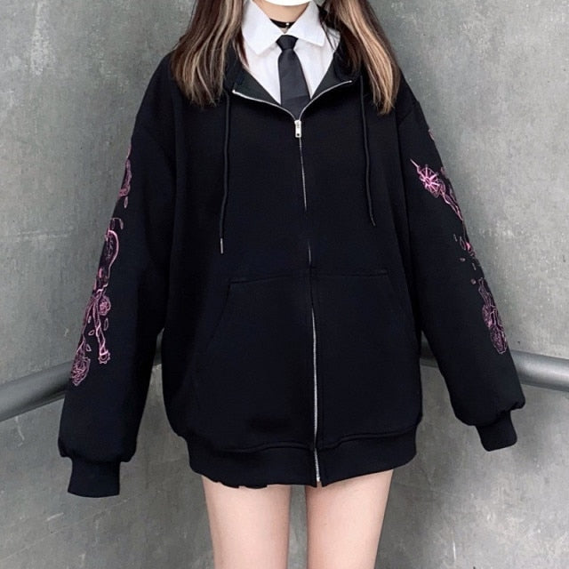 Women Gothic Black Zip Up Hoodie