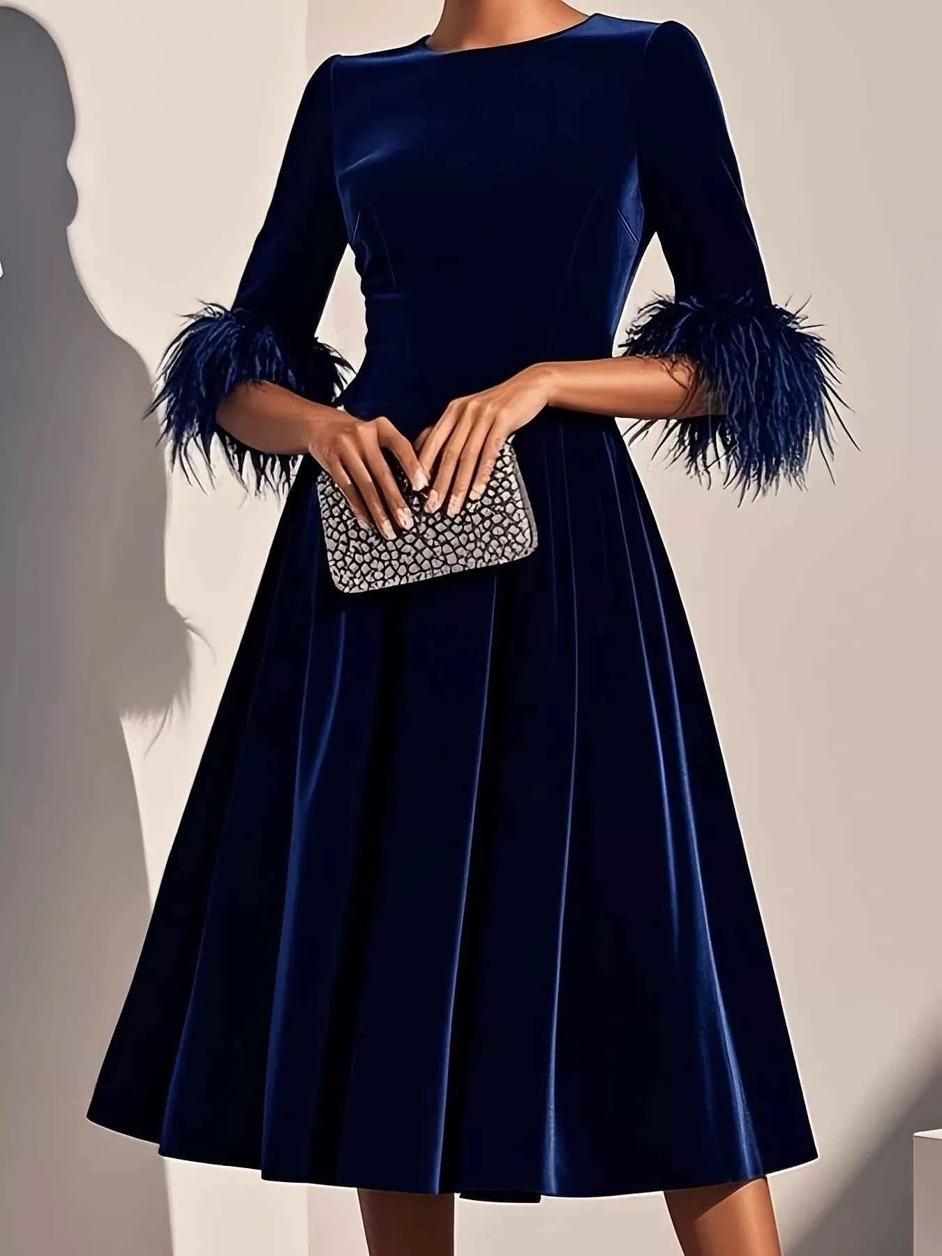 Velvet Midi Dress with Feather Cuffs