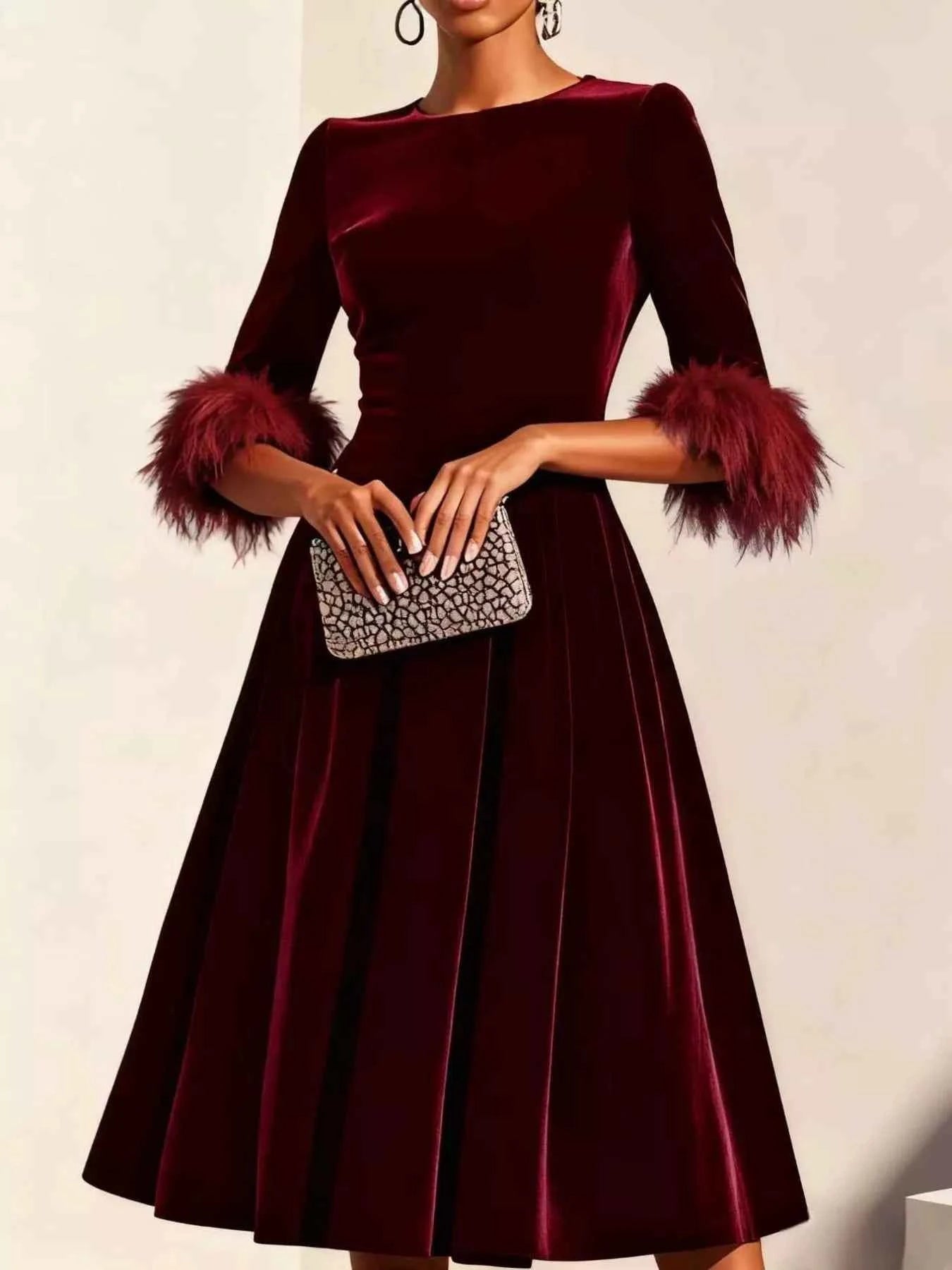Velvet Midi Dress with Feather Cuffs