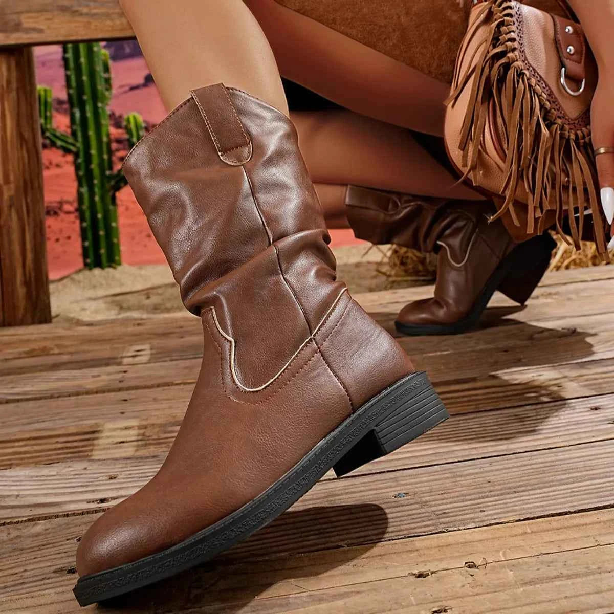 Block Heel Mid-Calf Western Boots