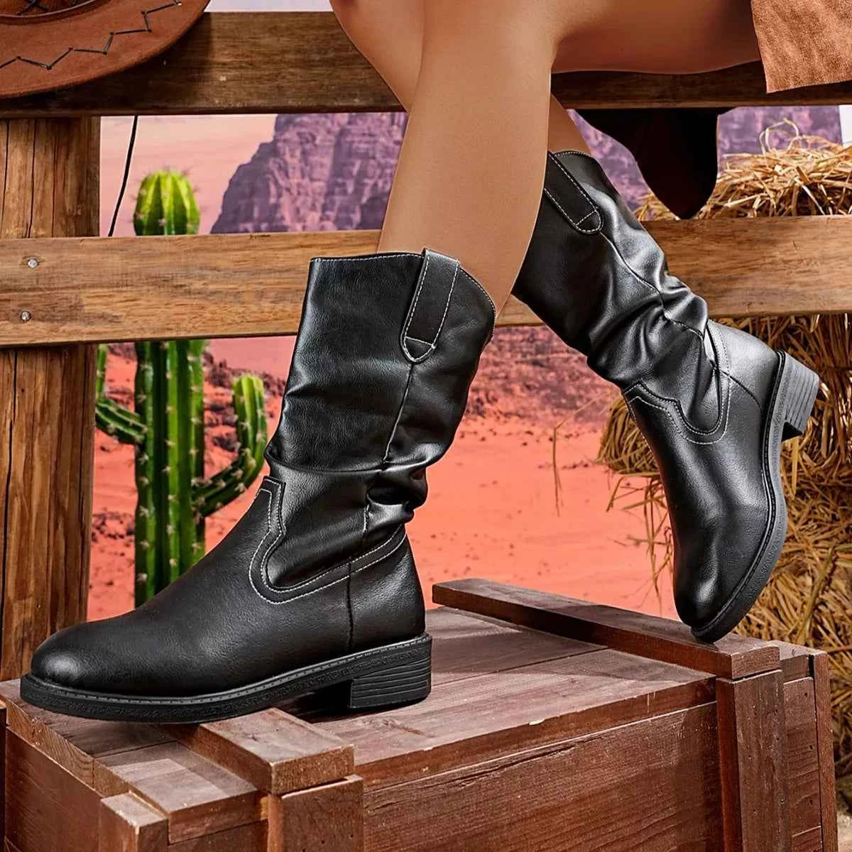 Block Heel Mid-Calf Western Boots