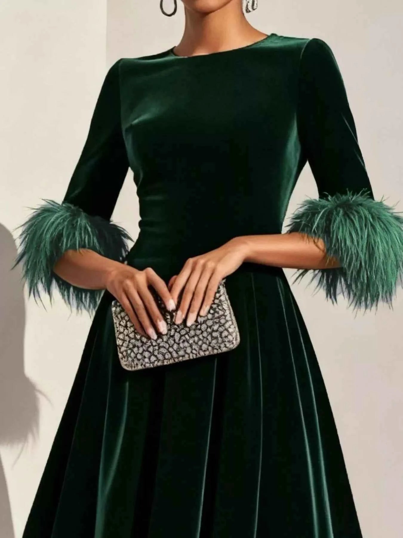 Velvet Midi Dress with Feather Cuffs