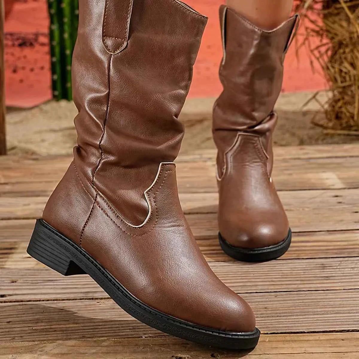 Block Heel Mid-Calf Western Boots