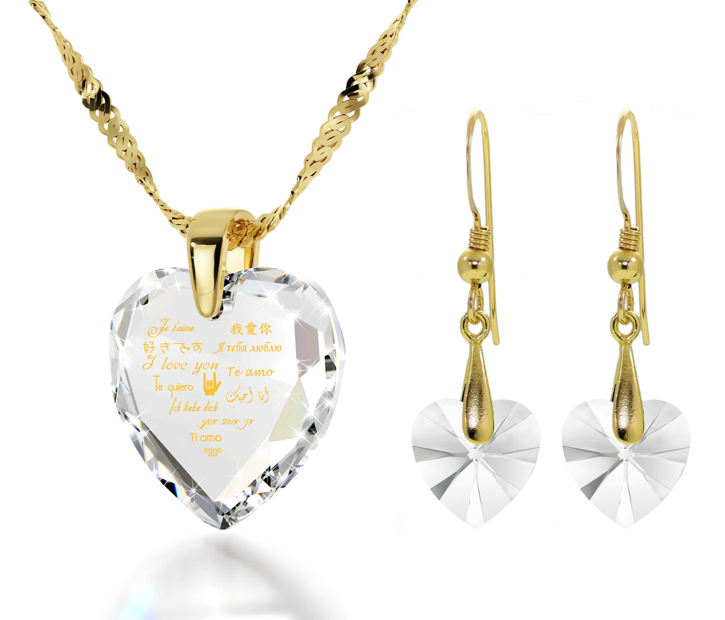 Gold Plated Silver I Love You Necklace 12 Languages Gold Inscribed and Crystal Earrings Heart Jewelry Set