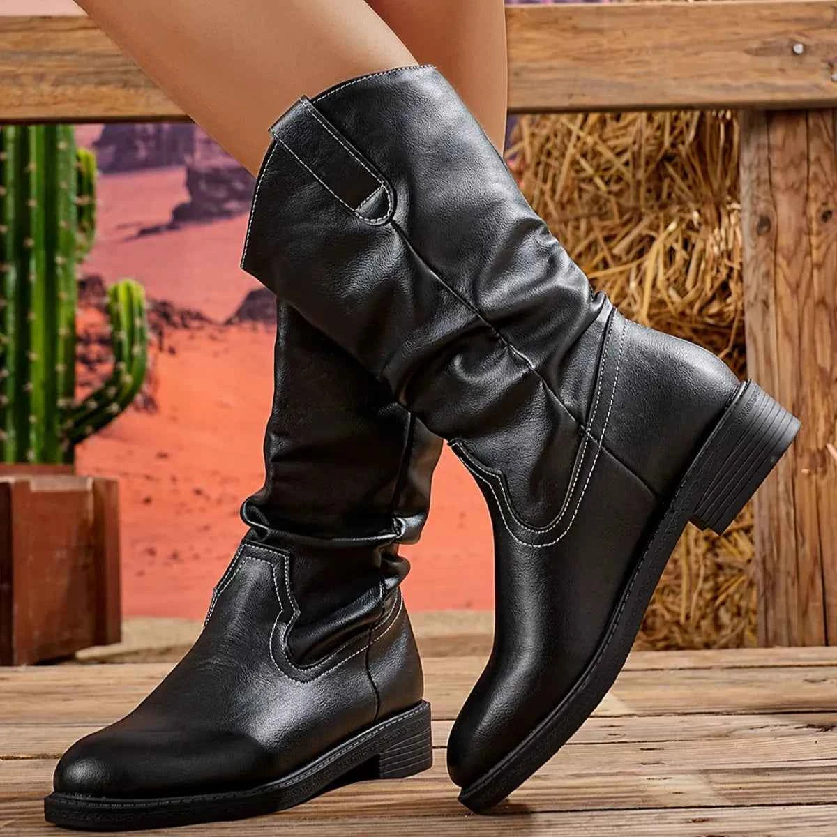 Block Heel Mid-Calf Western Boots