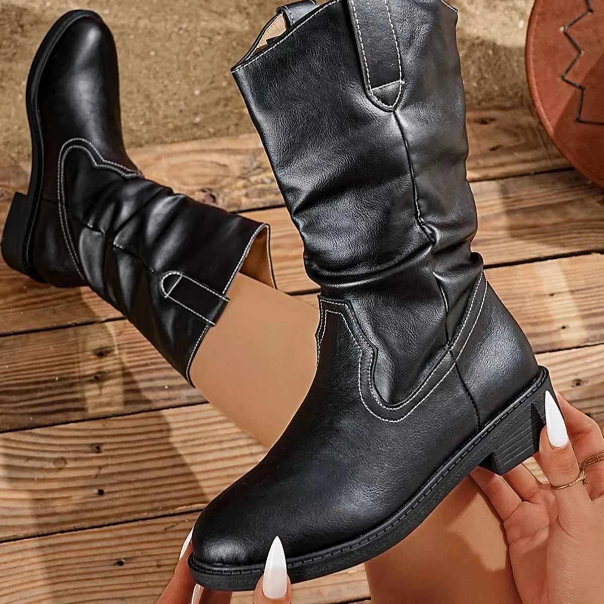 Block Heel Mid-Calf Western Boots
