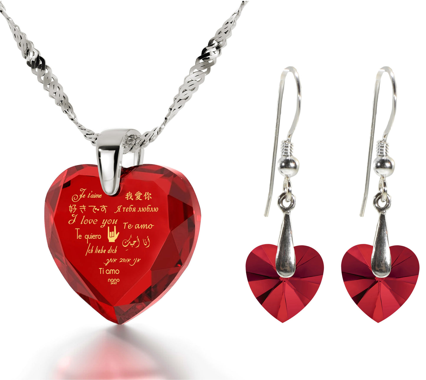 925 Silver I Love You Necklace 12 Languages Gold Inscribed and Crystal Earrings Heart Jewelry Set