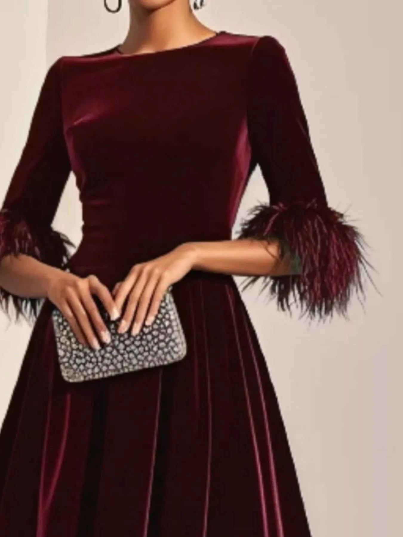 Velvet Midi Dress with Feather Cuffs