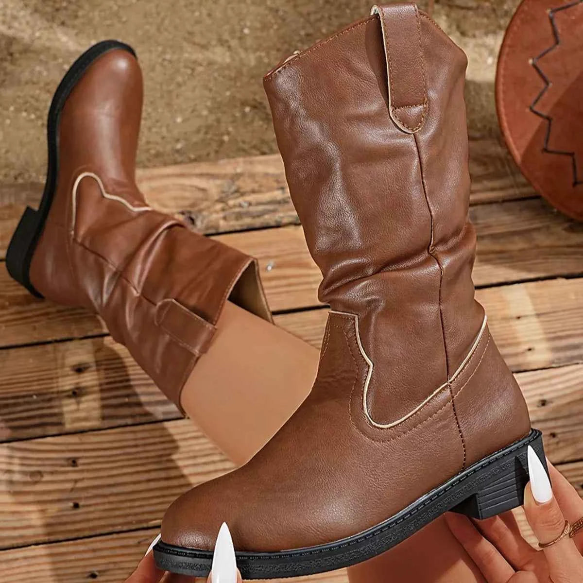 Block Heel Mid-Calf Western Boots