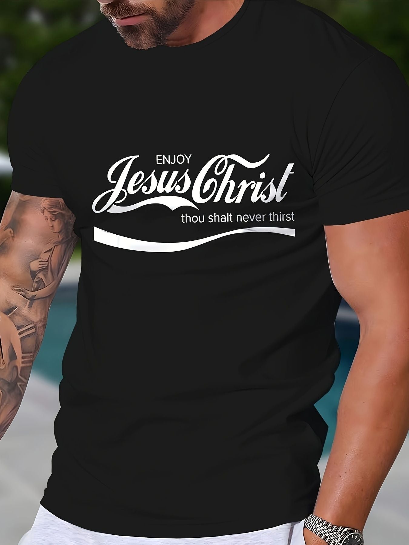 Men's Casual Round Neck T-shirt With Jesus Christ Pattern, Slightly Elastic, Regular Pattern, Geometric Pattern, Short Sleeved T-shirt, Suitable For Home, Travel And Street Wear