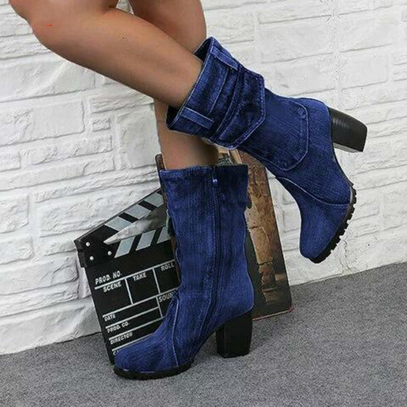 Autumn Winter Women Boots Denim Women Pointed Toe Cowboy Style High Heels Shoes Knee High Boots 2020