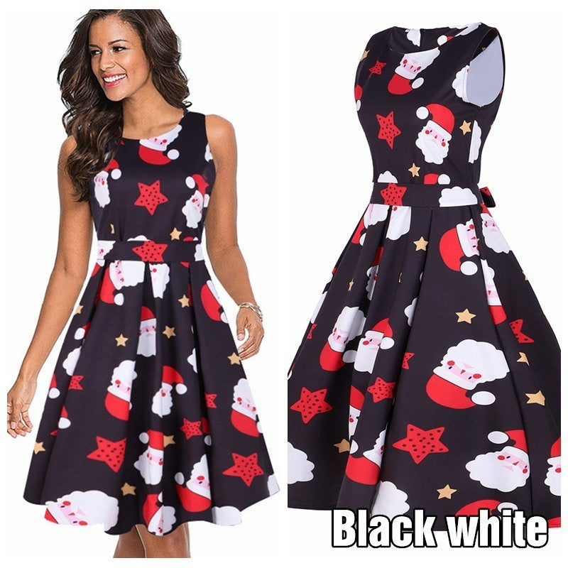 5 Colors Women Round Neck Sleeveless Christmas Dress Fashion Casual Christmas Tree Halloween Printed Dress