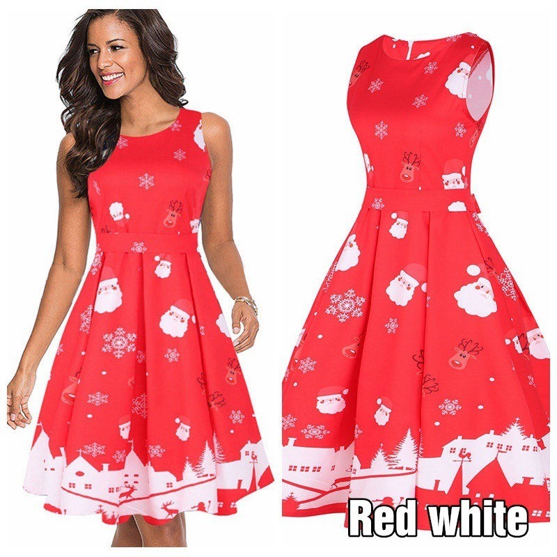 5 Colors Women Round Neck Sleeveless Christmas Dress Fashion Casual Christmas Tree Halloween Printed Dress