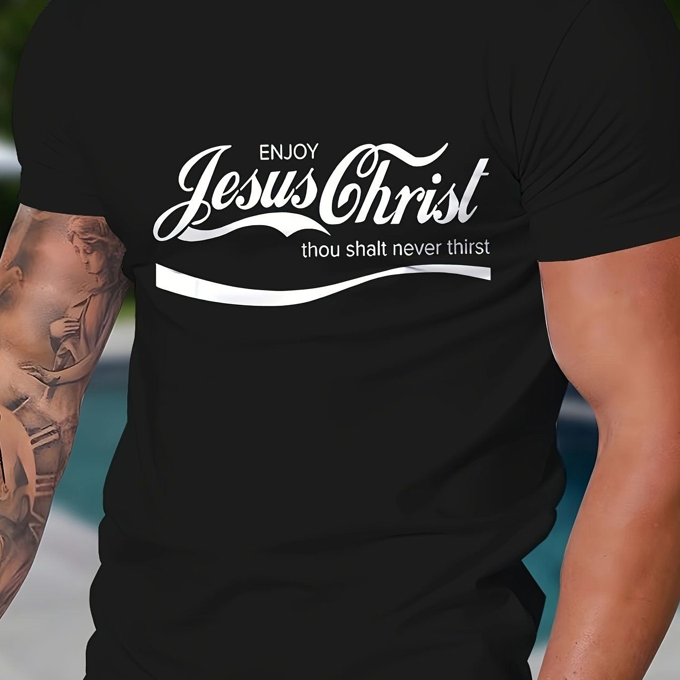 Men's Casual Round Neck T-shirt With Jesus Christ Pattern, Slightly Elastic, Regular Pattern, Geometric Pattern, Short Sleeved T-shirt, Suitable For Home, Travel And Street Wear