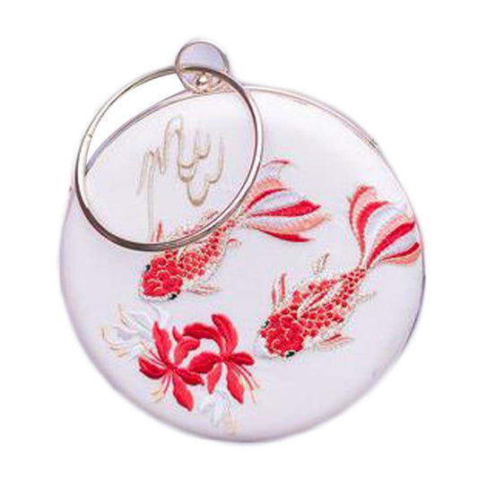 White Carp Hanfu Crossbody Bag Chinese Style Embroidery Handbag Hard Case Retro Cheongsam Round Cell Phone Purse Chain Bag