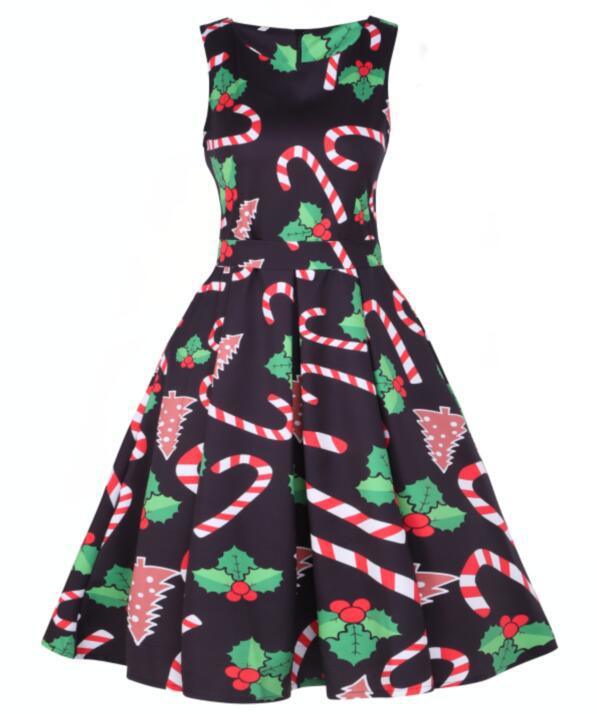 5 Colors Women Round Neck Sleeveless Christmas Dress Fashion Casual Christmas Tree Halloween Printed Dress