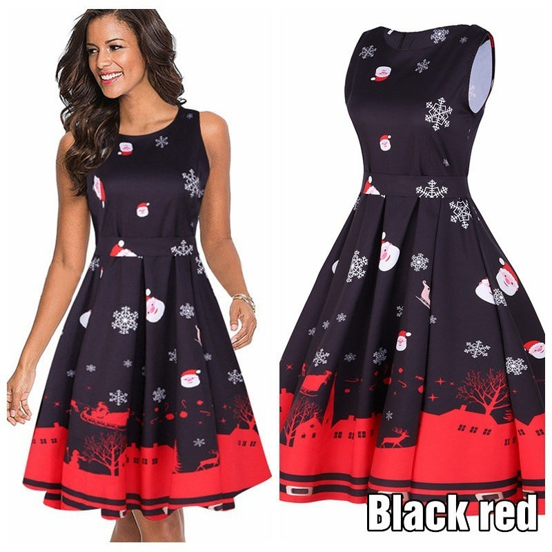 5 Colors Women Round Neck Sleeveless Christmas Dress Fashion Casual Christmas Tree Halloween Printed Dress