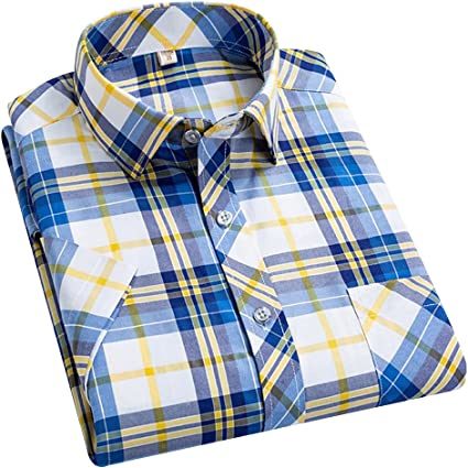 Men's Casual Plaid Shirts Fashion Loose Short Sleeve T-Shirts Suit Collar Round Hem Shirts