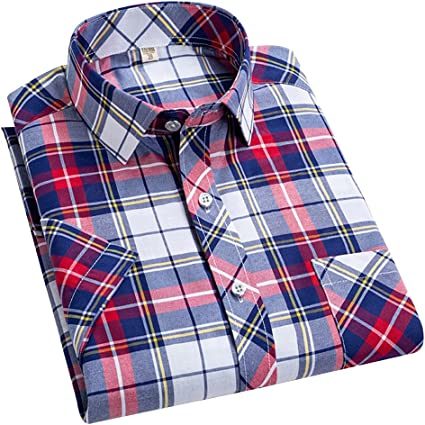 Men's Casual Plaid Shirts Fashion Loose Short Sleeve T-Shirts Suit Collar Round Hem Shirts