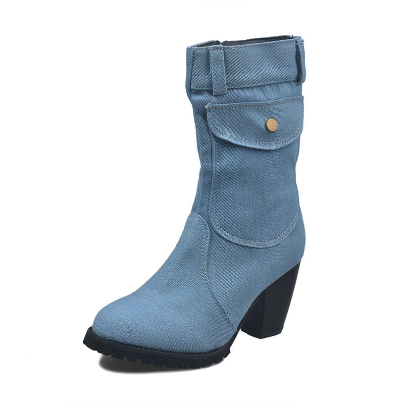 Autumn Winter Women Boots Denim Women Pointed Toe Cowboy Style High Heels Shoes Knee High Boots 2020