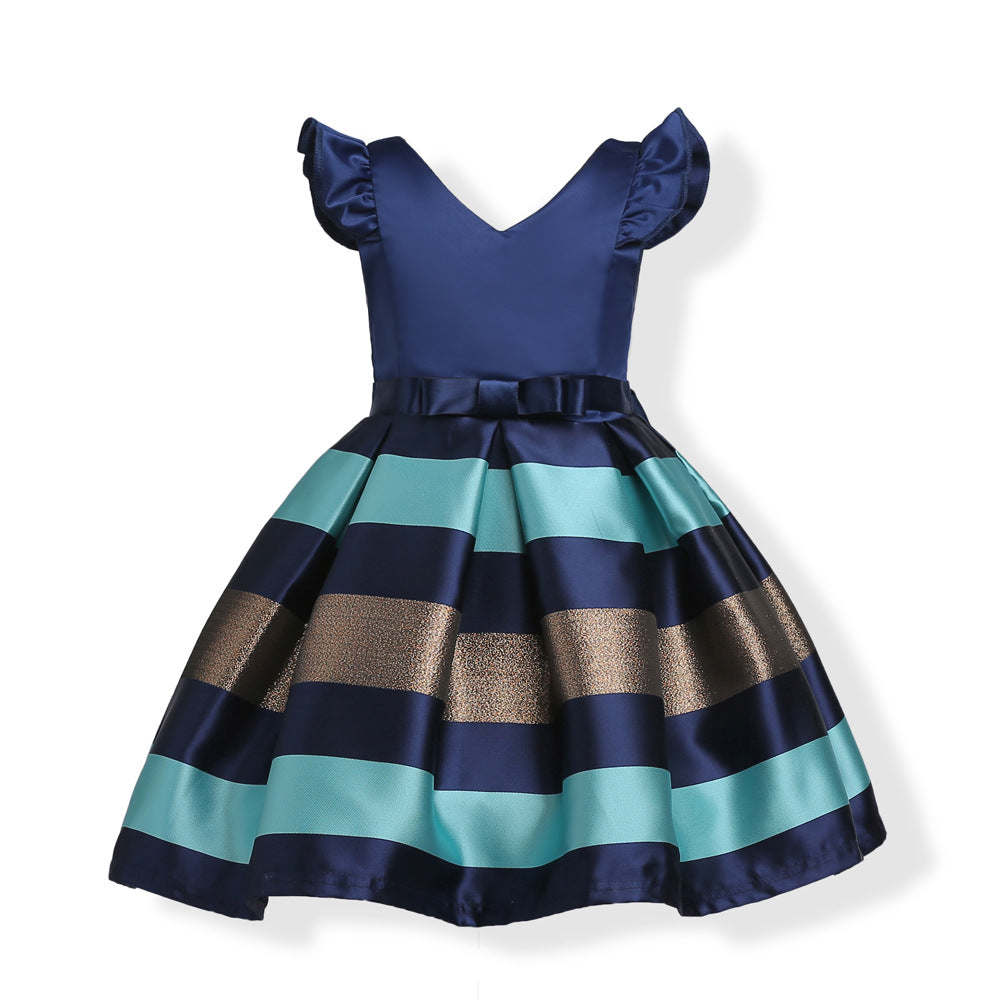 Baby Girl Striped Pattern V-Neck Western Style Formal Dress