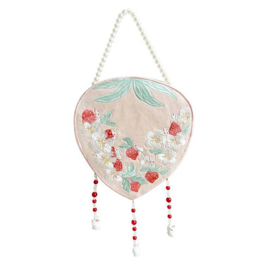 Pink Vintage Hanfu Embroidery Bag Strawberry Handmade Shoulder Crossbody Bag Cellphone Bag Round Handbag