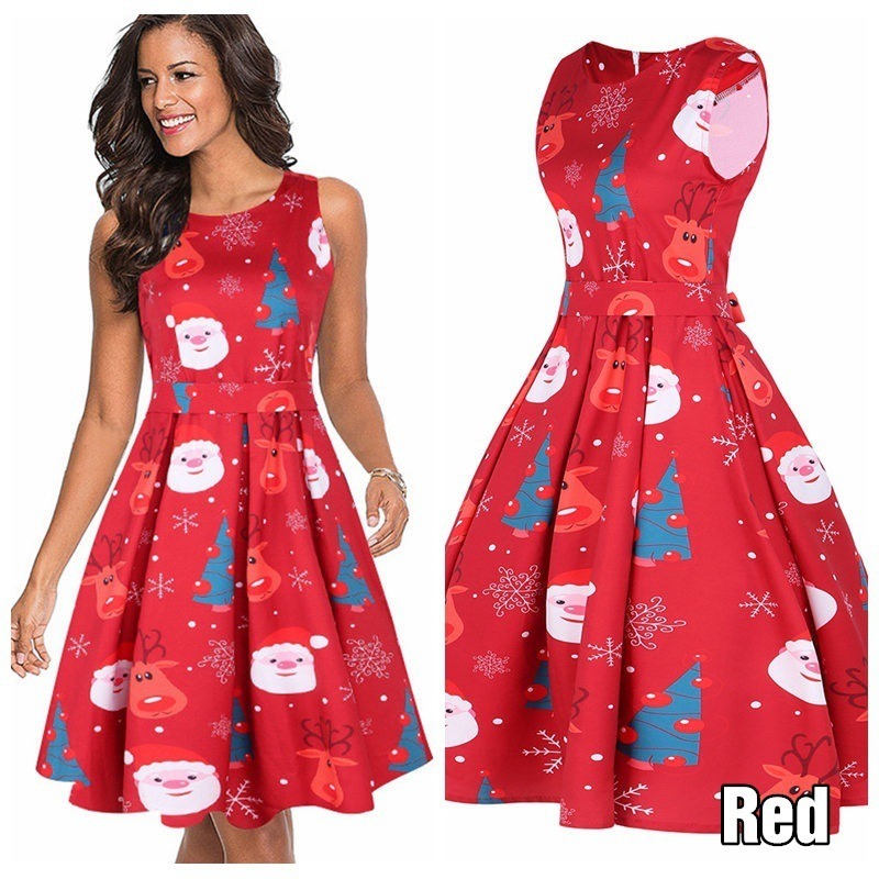 5 Colors Women Round Neck Sleeveless Christmas Dress Fashion Casual Christmas Tree Halloween Printed Dress