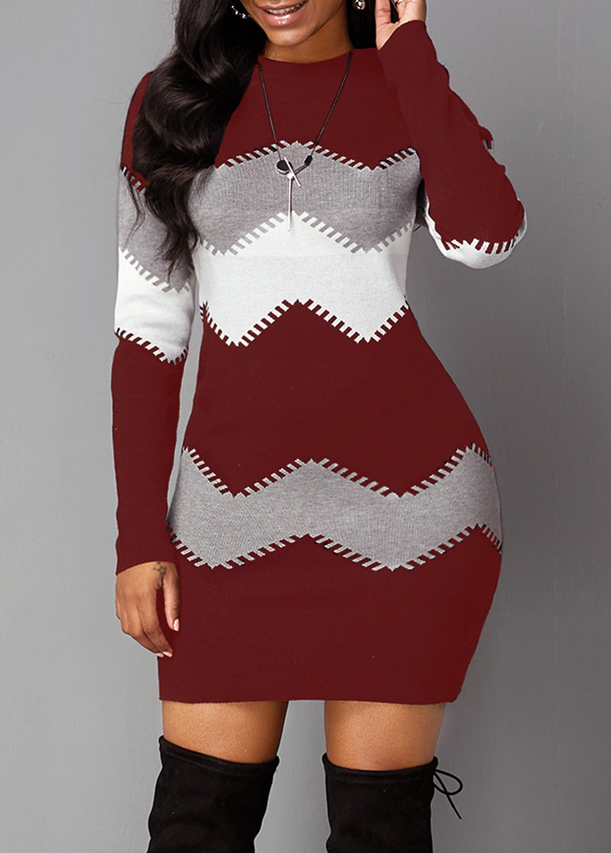 Women's Mid-length Short Skirt Round Neck Long-sleeved Knitted Bag Hip Bottoming Dress