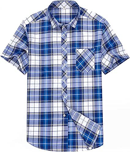 Men's Casual Plaid Shirts Fashion Loose Short Sleeve T-Shirts Suit Collar Round Hem Shirts