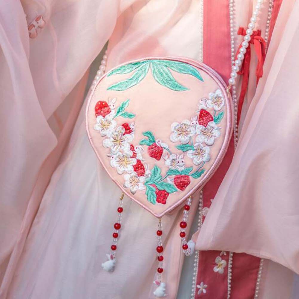 Pink Vintage Hanfu Embroidery Bag Strawberry Handmade Shoulder Crossbody Bag Cellphone Bag Round Handbag