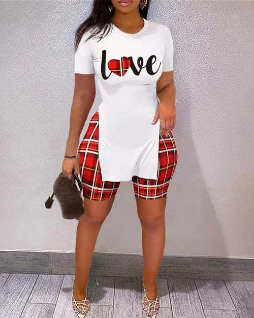 Summer Women Shorts Suit Sets Short Sleeve Round Neck Plaid Letter