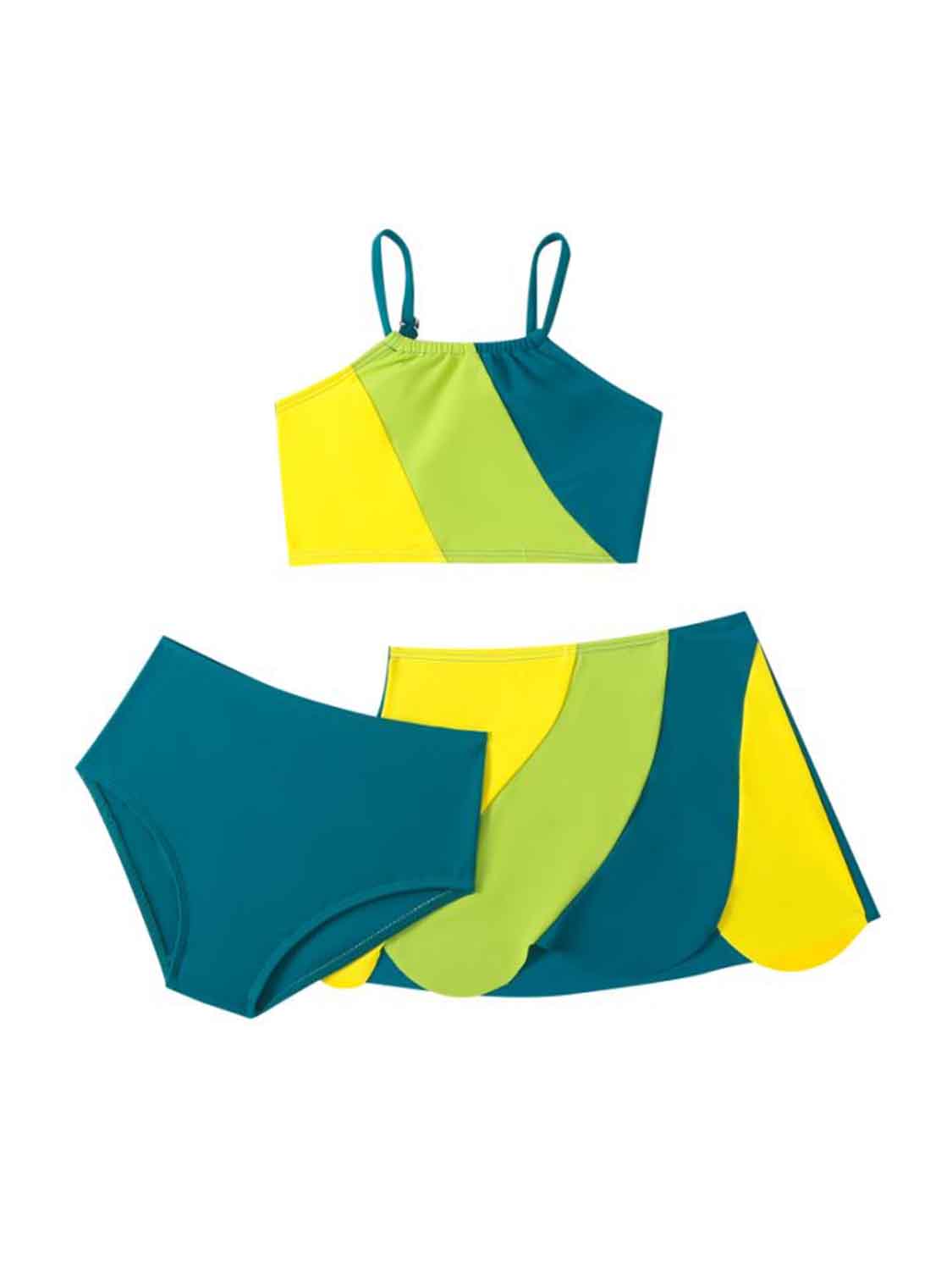 Color Block Top, Brief and Skirt Swim Set