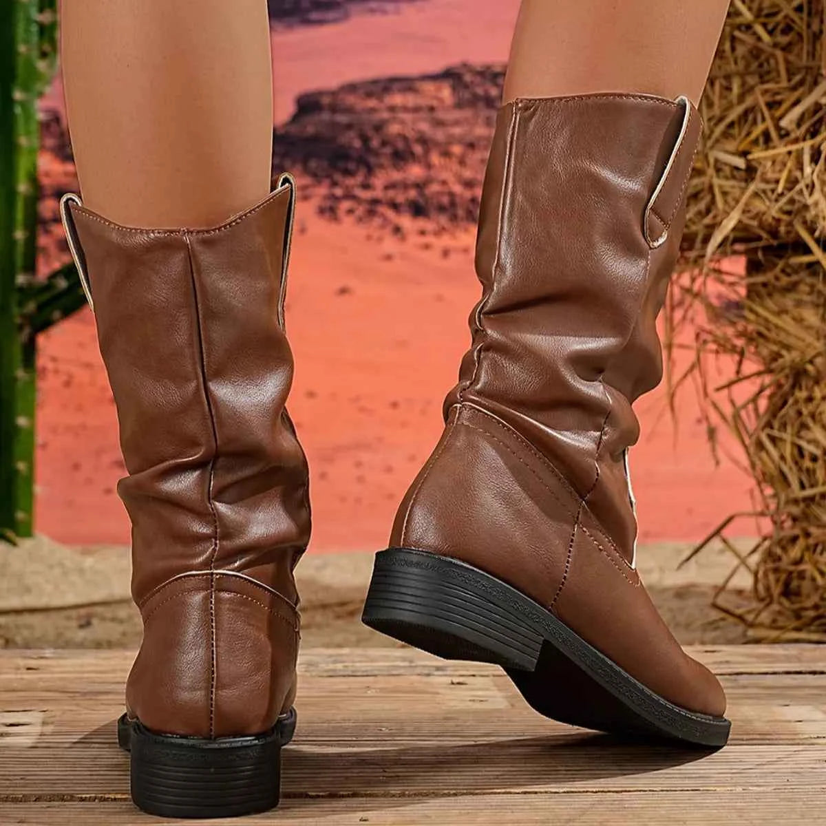 Block Heel Mid-Calf Western Boots