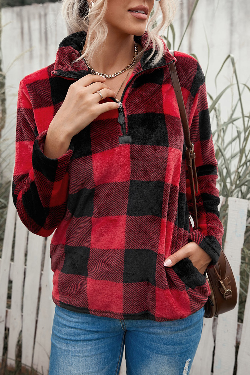 Plaid Print 1/4 Collar Sweatshirt