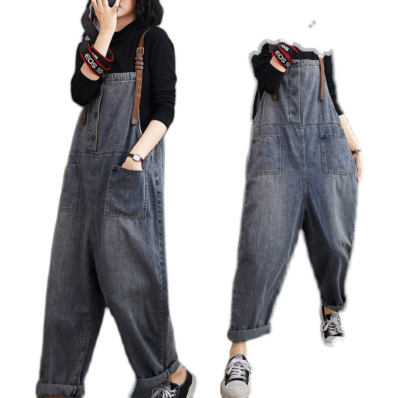 Spring Fashion Button Jeans Harem Jumpsuit