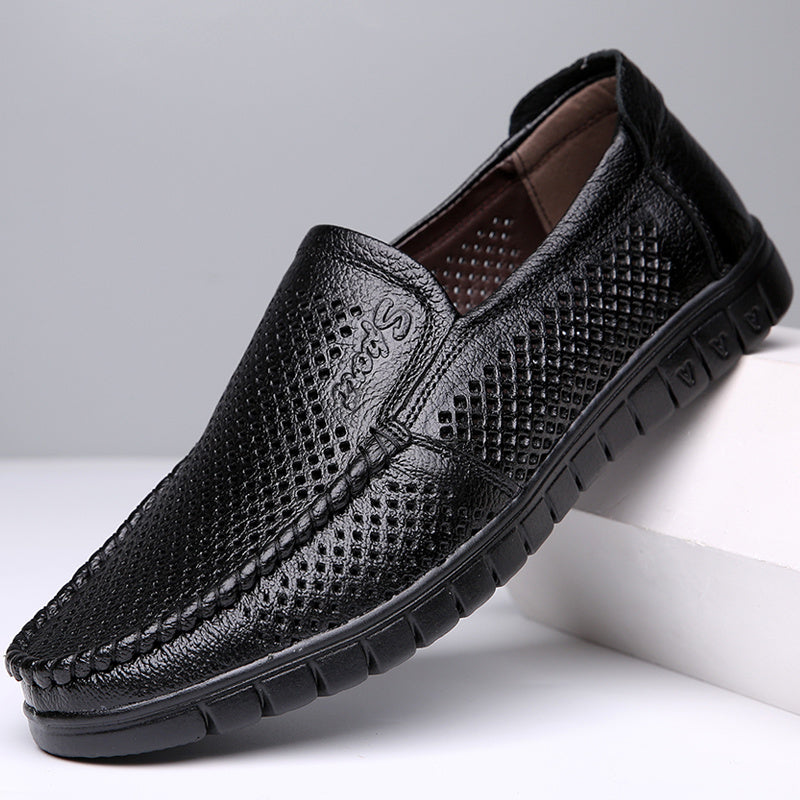 Men Hollow Out Breathable Leather Shoes Casual Loafers Genuine Leather Soft Slip-on Walking Footwear Men Comfortable Sneakers