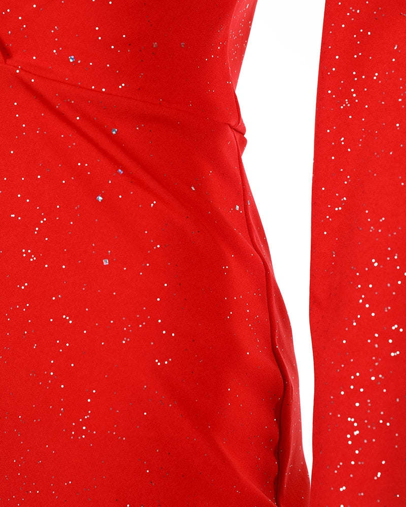 2023 New Year Red Christmas Party Dress Women V Neck Glitter Ruched