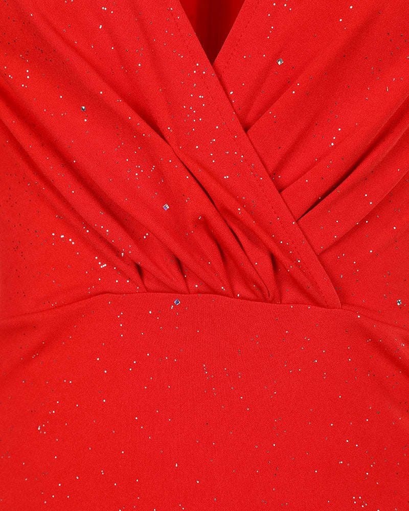 2023 New Year Red Christmas Party Dress Women V Neck Glitter Ruched