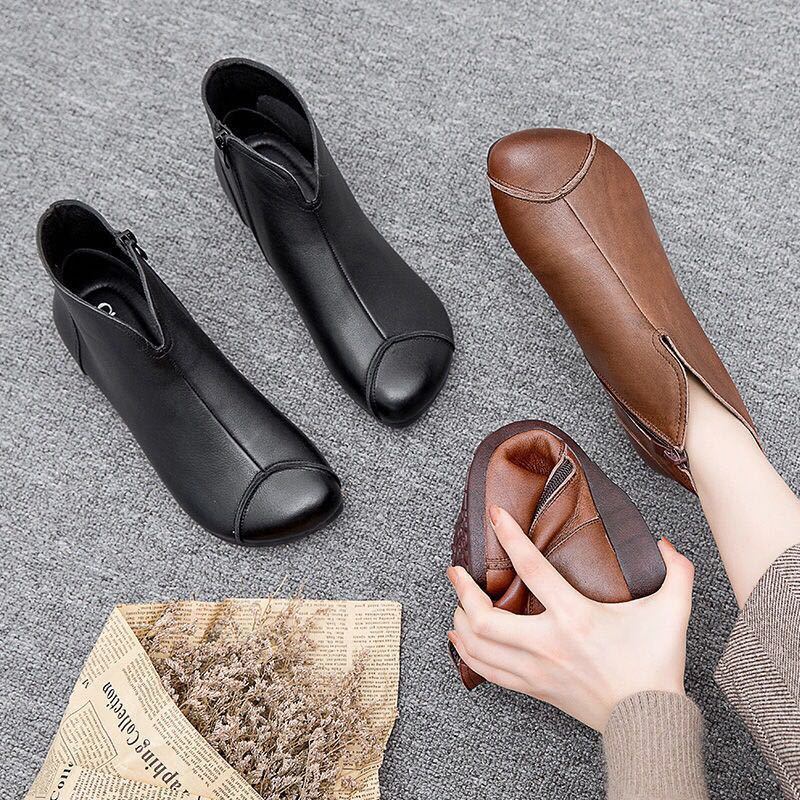 Vintage Style Leather Women Boots Flat Booties Soft Cowhide Women's Shoes Front Zip Ankle Boots zapatos mujer boots women56gh