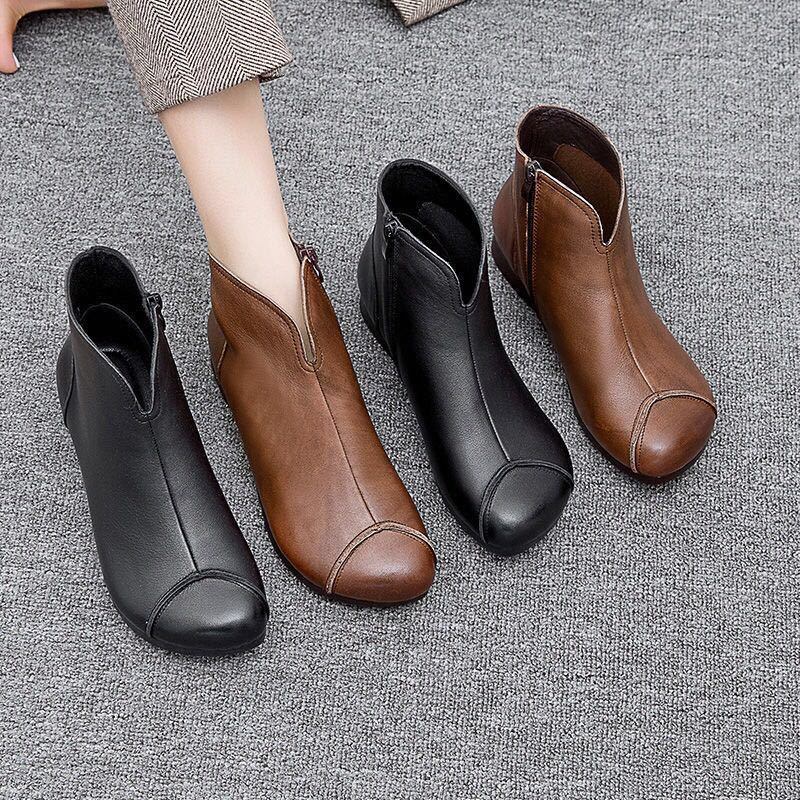 Vintage Style Leather Women Boots Flat Booties Soft Cowhide Women's Shoes Front Zip Ankle Boots zapatos mujer boots women56gh