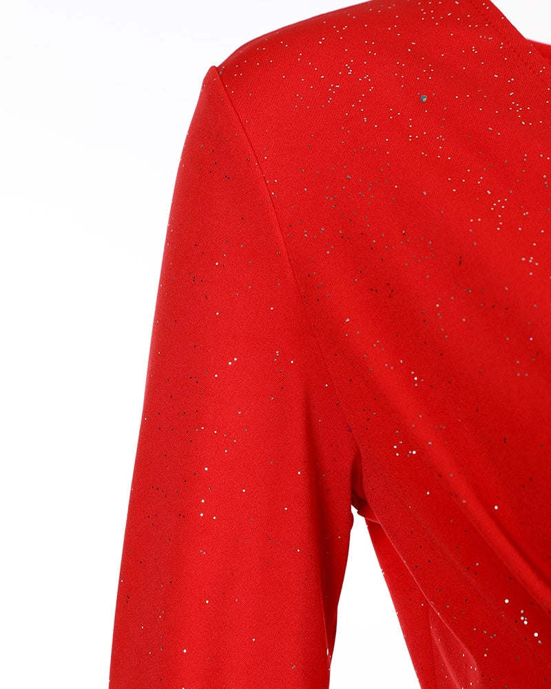 2023 New Year Red Christmas Party Dress Women V Neck Glitter Ruched