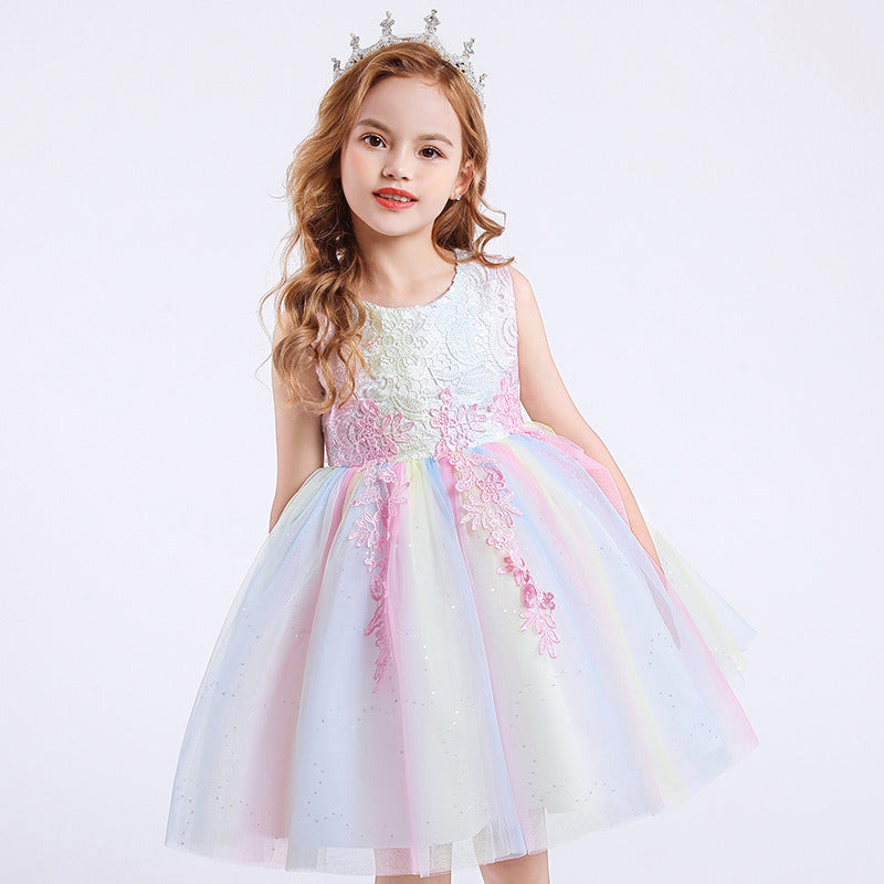 Children Mesh Tulle Lace Dress Summer Fairy Princess Skirt with Lining Flower Girls Costume Casual Formal Party Soft Comfortable