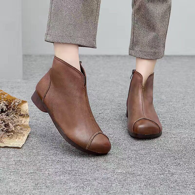 Vintage Style Leather Women Boots Flat Booties Soft Cowhide Women's Shoes Front Zip Ankle Boots zapatos mujer boots women56gh