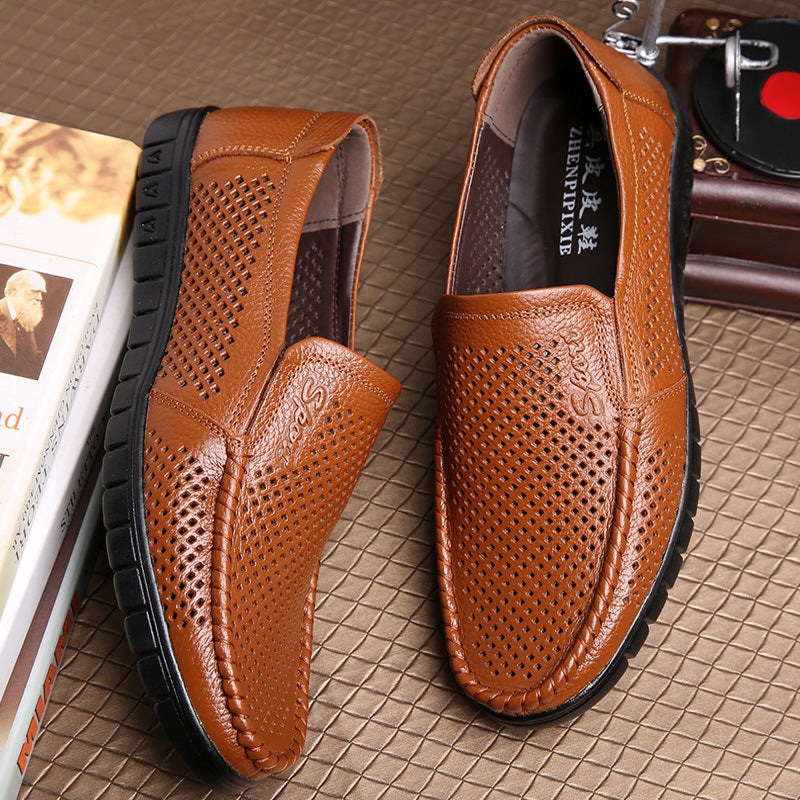 Men Hollow Out Breathable Leather Shoes Casual Loafers Genuine Leather Soft Slip-on Walking Footwear Men Comfortable Sneakers