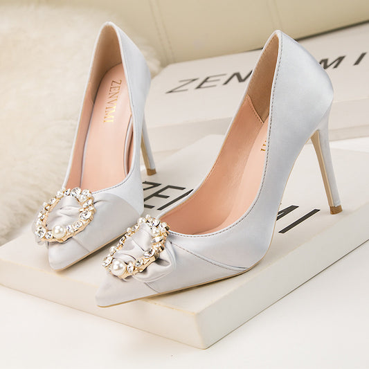 Four Seasons Fine High Heels Women Elegant 10cm Pointed Toe Shiny Rhinestone Pearl Slip-on Wedding Bridesmaid Shoes Party Daily